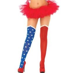Leg Avenue Hero Opaque Tights With Sheer Thigh, One Size, Blue/Red Leg Avenue Hero Opaque Tights With Sheer Thigh, One Size, Blue/Red